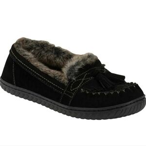 Earth Origins Yukon Jasmine Faux Fur Suede Mocassins Womens 7/8 Black Granola